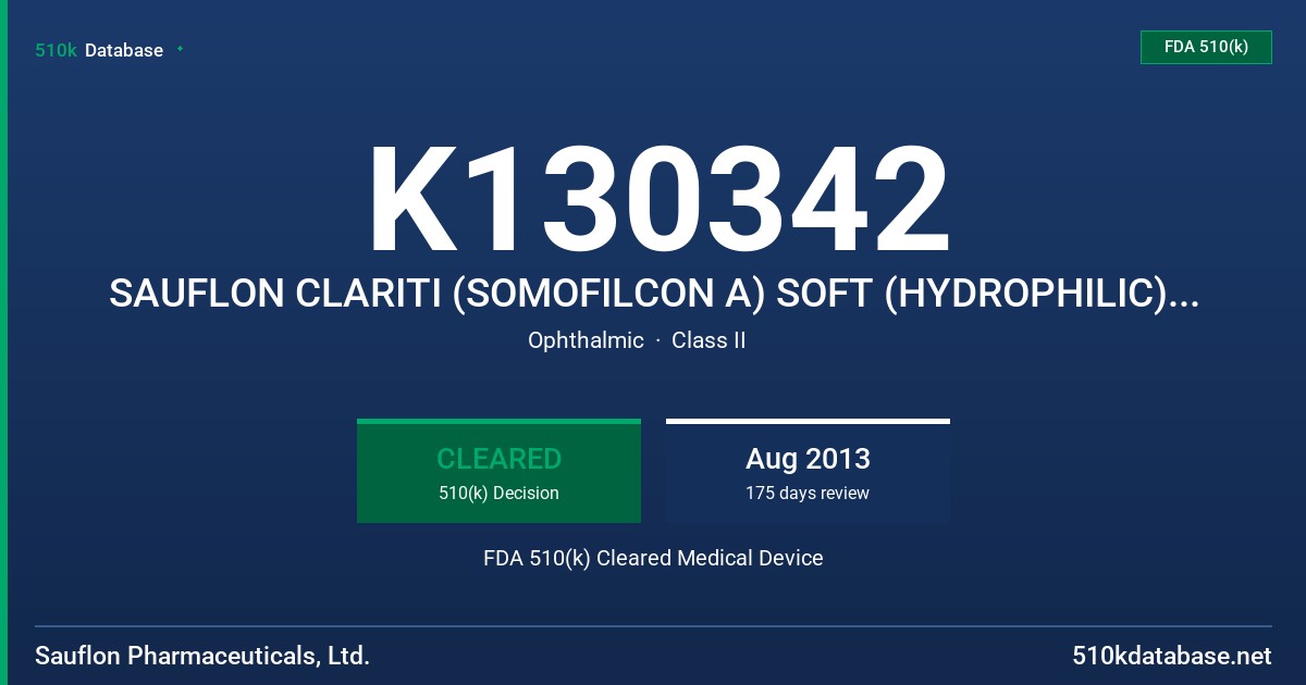 K130342 SAUFLON CLARITI (SOMOFILCON A) SOFT (HYDROPHILIC) CONTACT LENS WITH UV BLOCKER FDA 510(k) Cleared Medical Device