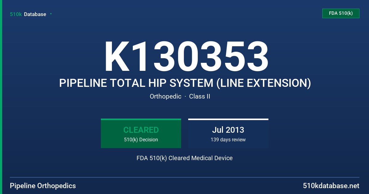K130353 PIPELINE TOTAL HIP SYSTEM (LINE EXTENSION) FDA 510(k) Cleared Medical Device
