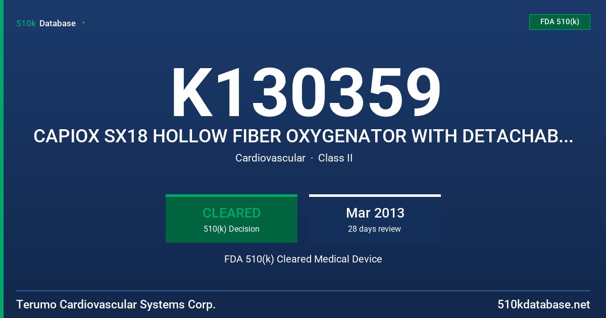K130359 CAPIOX SX18 HOLLOW FIBER OXYGENATOR WITH DETACHABLE HARDSHELL RESERVOIR, CAPIOX SX25 HOLLOW FIBER OXGENATOR WITH DETACHA FDA 510(k) Cleared Medical Device