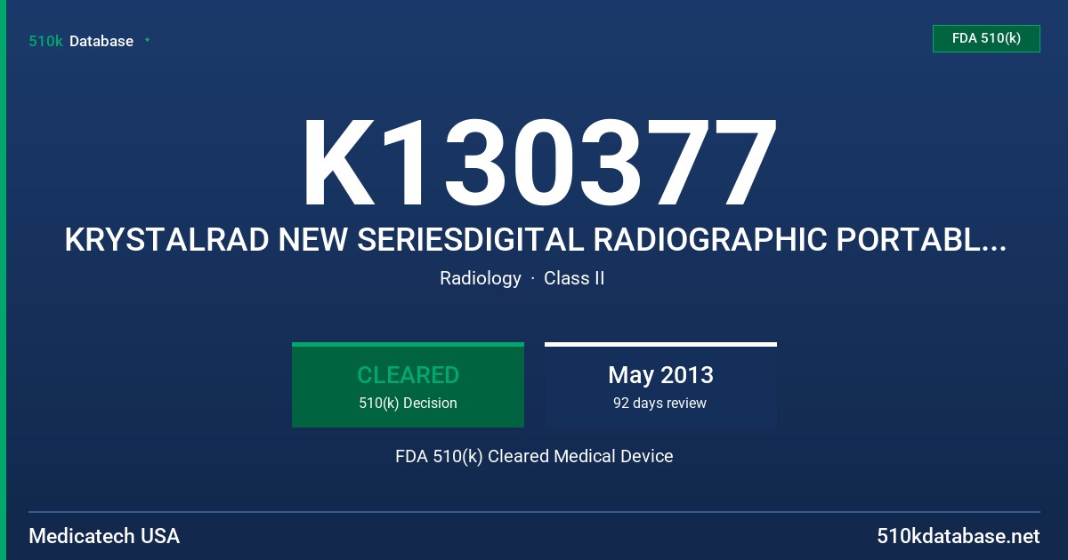 K130377 KRYSTALRAD NEW SERIESDIGITAL RADIOGRAPHIC PORTABLE RETROFIT SYSTEM FDA 510(k) Cleared Medical Device