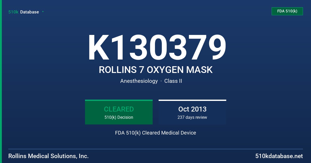 K130379 ROLLINS 7 OXYGEN MASK FDA 510(k) Cleared Medical Device