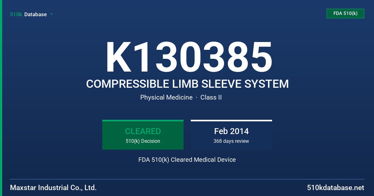 K130385 COMPRESSIBLE LIMB SLEEVE SYSTEM FDA 510(k) Cleared Medical Device