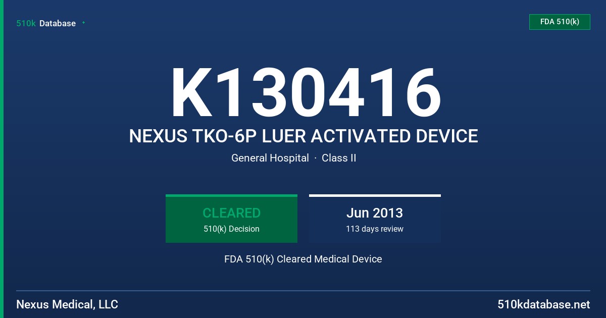 K130416 NEXUS TKO-6P LUER ACTIVATED DEVICE FDA 510(k) Cleared Medical Device