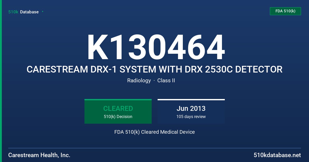 K130464 CARESTREAM DRX-1 SYSTEM WITH DRX 2530C DETECTOR FDA 510(k) Cleared Medical Device