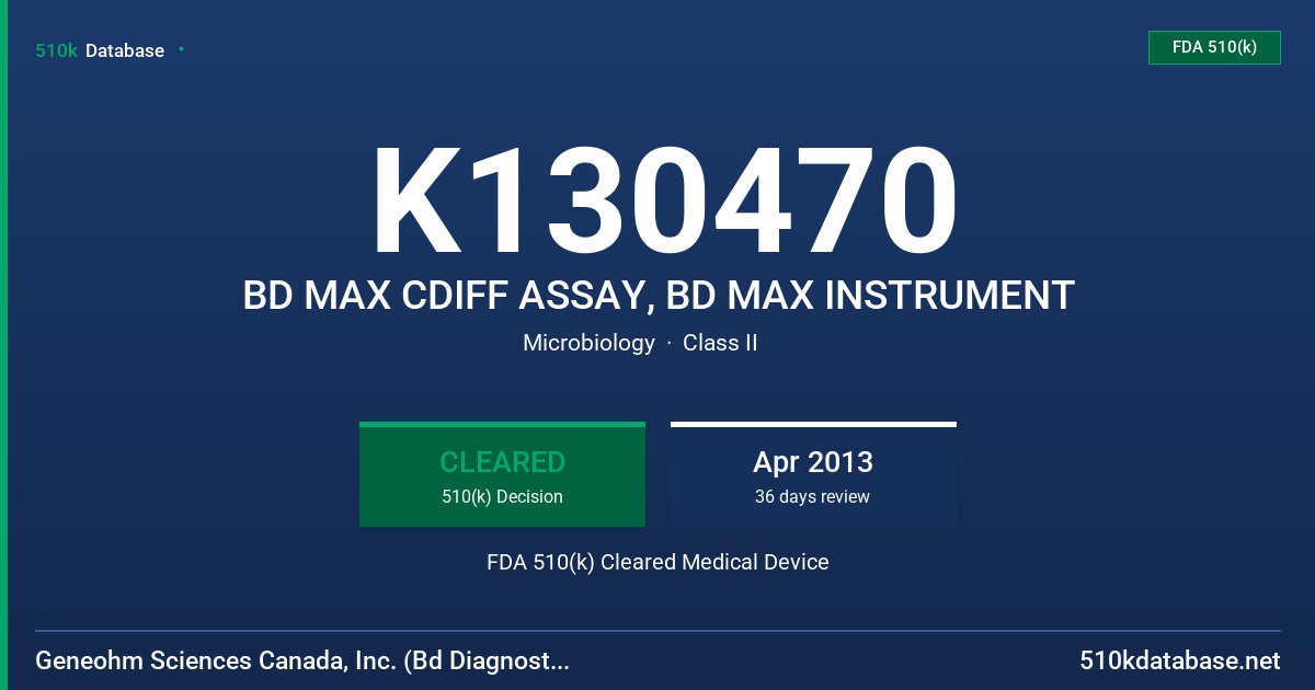 K130470 BD MAX CDIFF ASSAY, BD MAX INSTRUMENT FDA 510(k) Cleared Medical Device