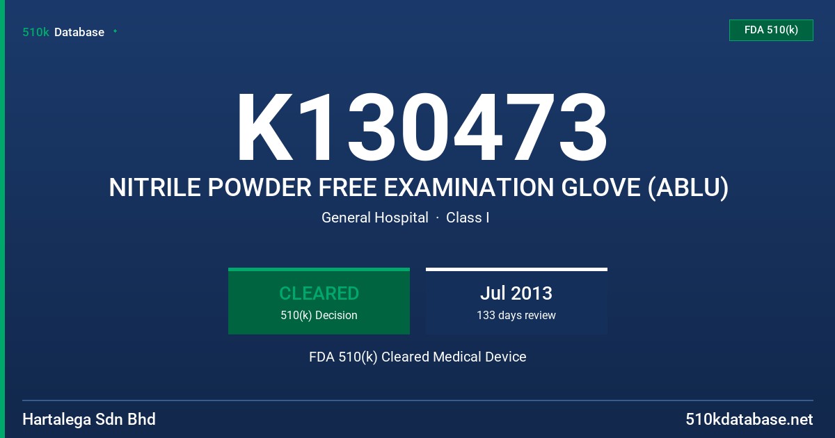 K130473 NITRILE POWDER FREE EXAMINATION GLOVE (ABLU) FDA 510(k) Cleared Medical Device