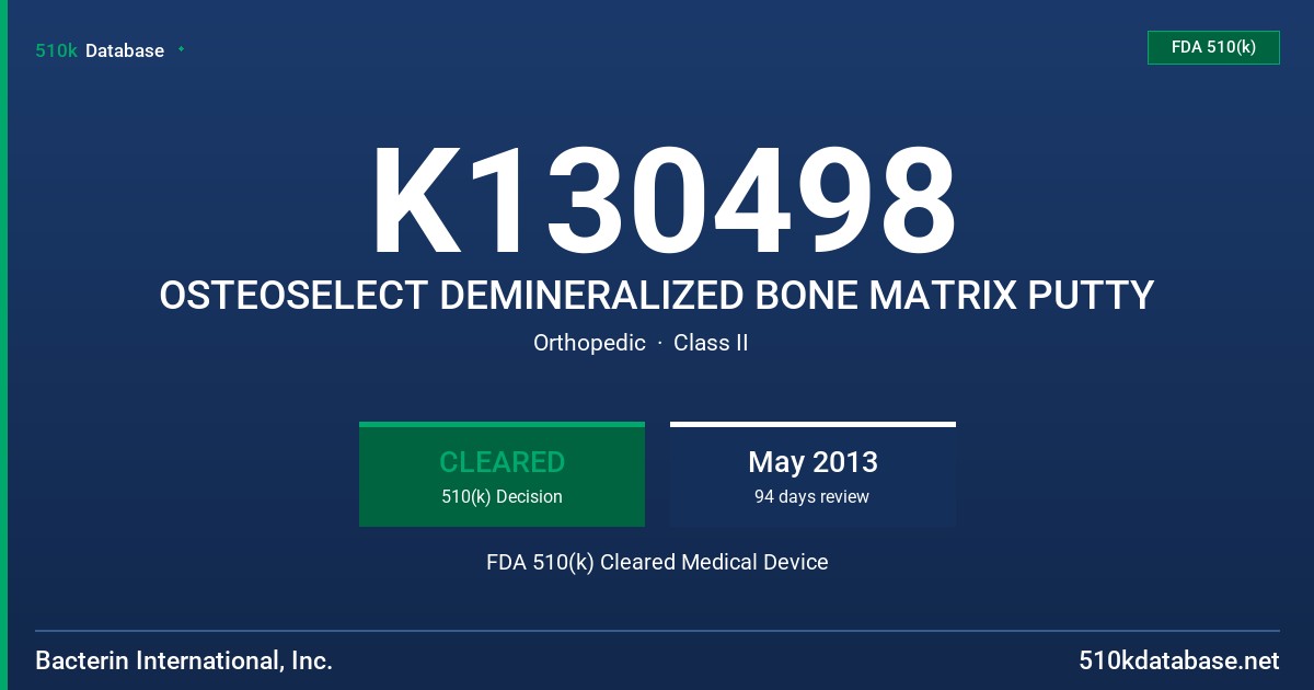 K130498 OSTEOSELECT DEMINERALIZED BONE MATRIX PUTTY FDA 510(k) Cleared Medical Device