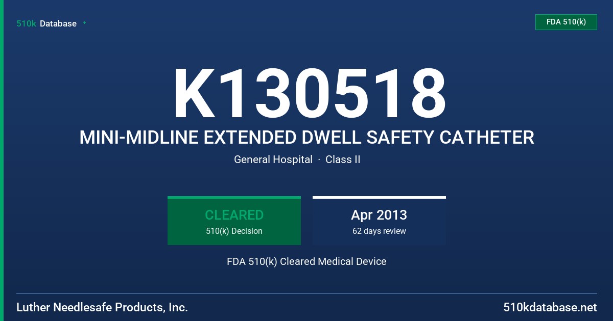 K130518 MINI-MIDLINE EXTENDED DWELL SAFETY CATHETER FDA 510(k) Cleared Medical Device