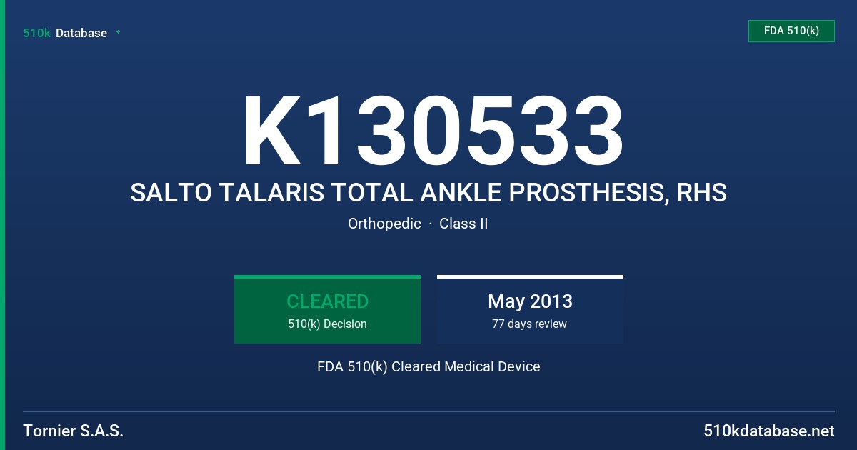 K130533 SALTO TALARIS TOTAL ANKLE PROSTHESIS, RHS FDA 510(k) Cleared Medical Device