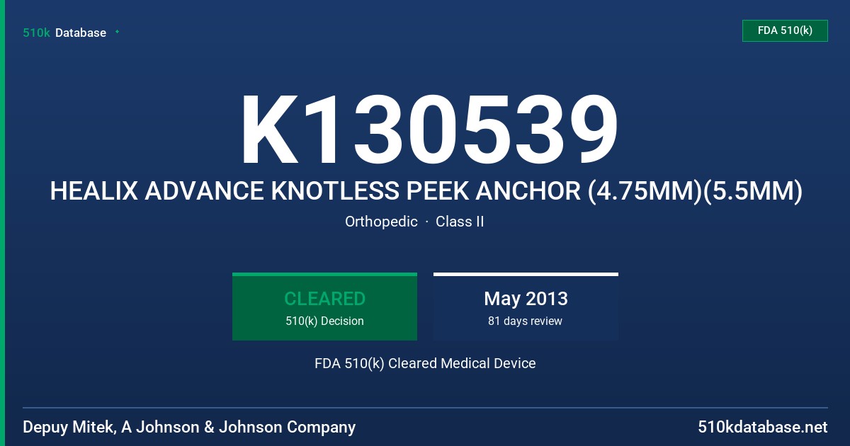 K130539 HEALIX ADVANCE KNOTLESS PEEK ANCHOR (4.75MM)(5.5MM) FDA 510(k) Cleared Medical Device