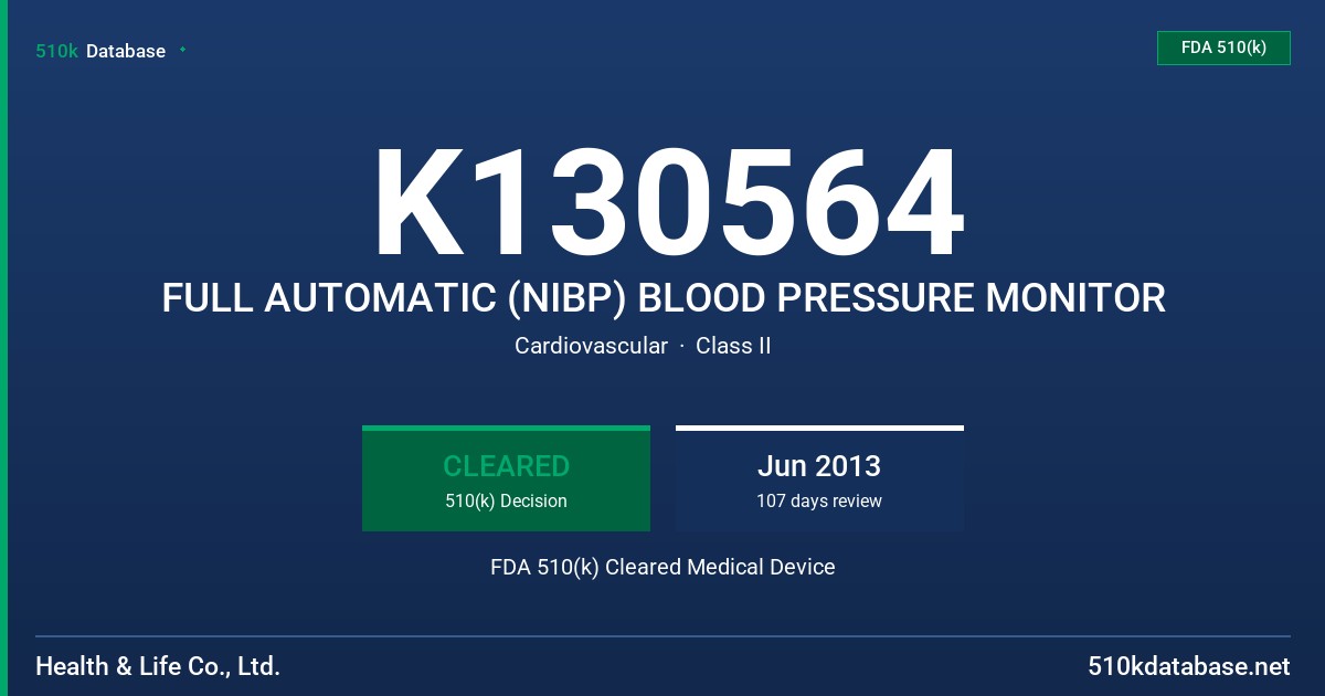 K130564 FULL AUTOMATIC (NIBP) BLOOD PRESSURE MONITOR FDA 510(k) Cleared Medical Device