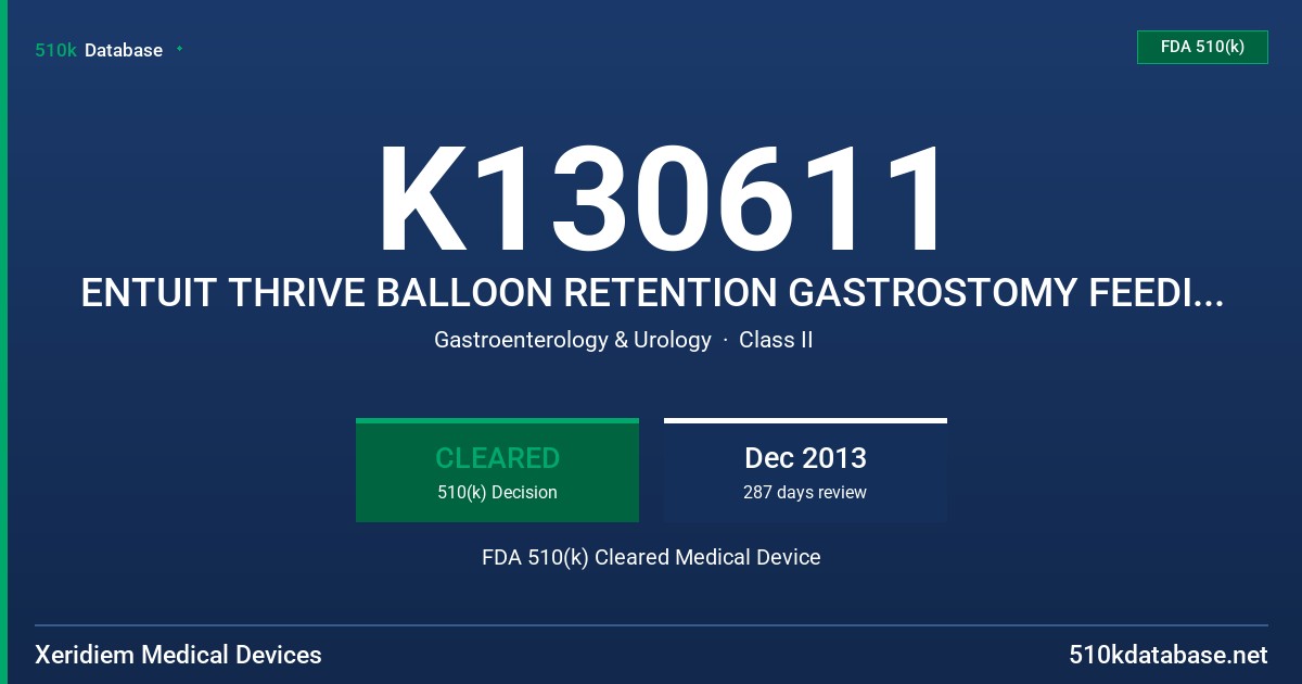 K130611 ENTUIT THRIVE BALLOON RETENTION GASTROSTOMY FEEDING TUBE FDA 510(k) Cleared Medical Device