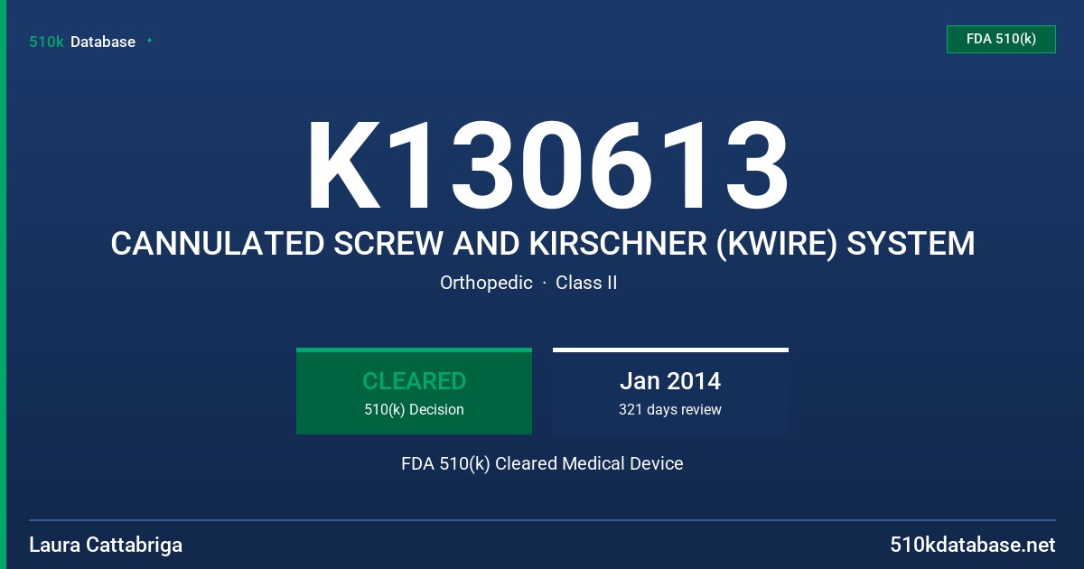 K130613 CANNULATED SCREW AND KIRSCHNER (KWIRE) SYSTEM FDA 510(k) Cleared Medical Device