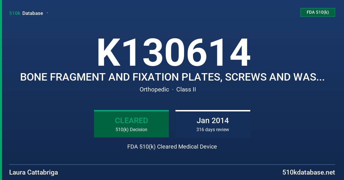 K130614 BONE FRAGMENT AND FIXATION PLATES, SCREWS AND WASHERS FDA 510(k) Cleared Medical Device