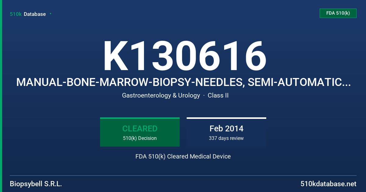 K130616 MANUAL-BONE-MARROW-BIOPSY-NEEDLES, SEMI-AUTOMATIC-BIOPSY-NEEDLES, AUTOMATIC-BIOPSY-NEEDLES FDA 510(k) Cleared Medical Device
