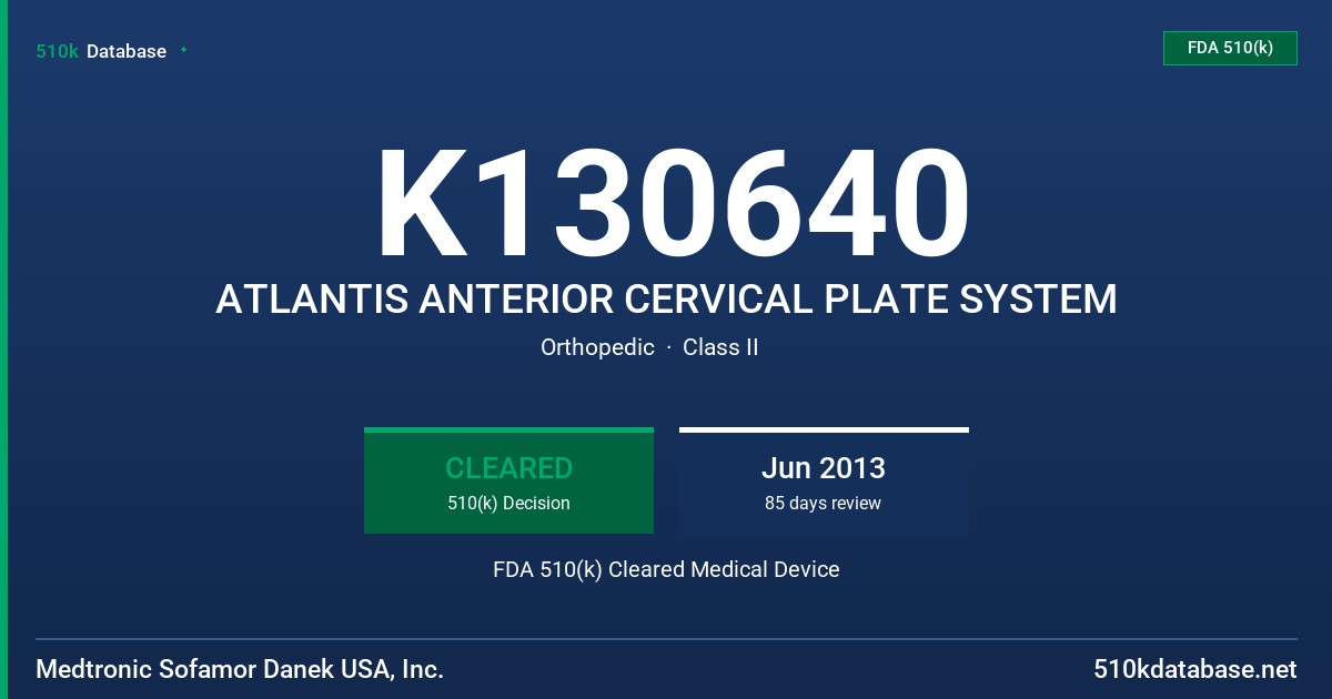 K130640 ATLANTIS ANTERIOR CERVICAL PLATE SYSTEM FDA 510(k) Cleared Medical Device