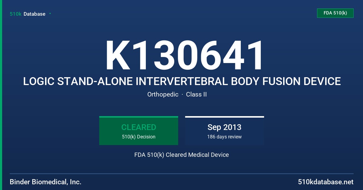 K130641 LOGIC STAND-ALONE INTERVERTEBRAL BODY FUSION DEVICE FDA 510(k) Cleared Medical Device
