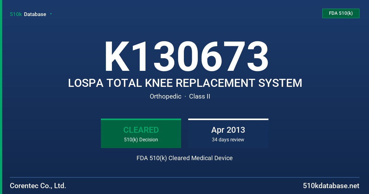 K130673 LOSPA TOTAL KNEE REPLACEMENT SYSTEM FDA 510(k) Cleared Medical Device