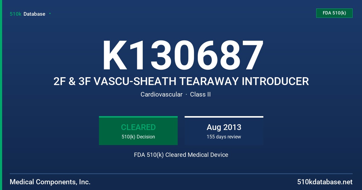 K130687 2F & 3F VASCU-SHEATH TEARAWAY INTRODUCER FDA 510(k) Cleared Medical Device