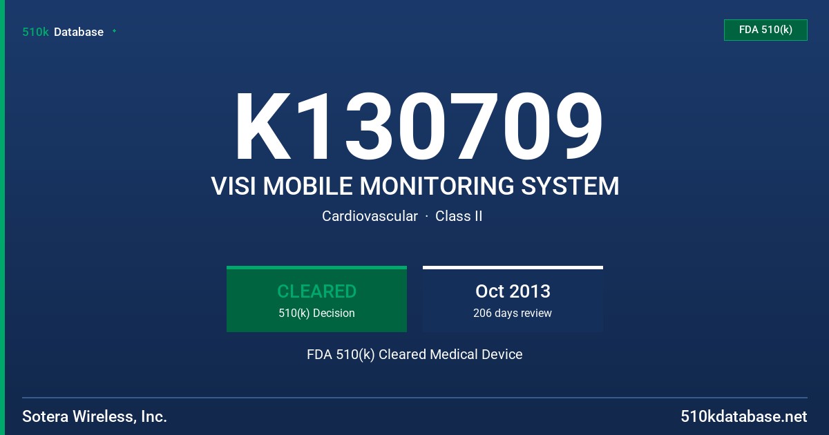 K130709 VISI MOBILE MONITORING SYSTEM FDA 510(k) Cleared Medical Device