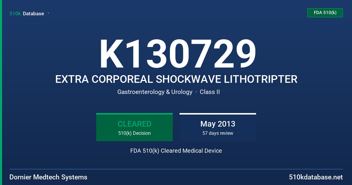K130729 EXTRA CORPOREAL SHOCKWAVE LITHOTRIPTER FDA 510(k) Cleared Medical Device
