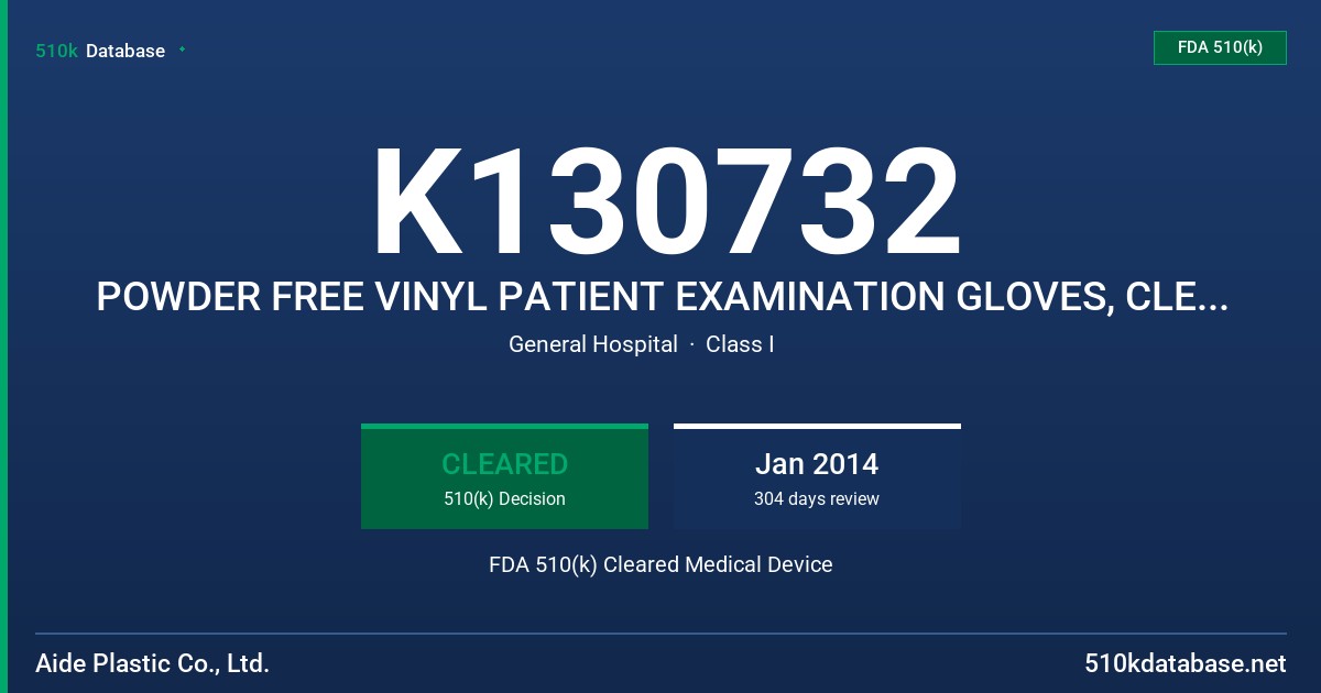 K130732 POWDER FREE VINYL PATIENT EXAMINATION GLOVES, CLEAR (NON-COLORED) FDA 510(k) Cleared Medical Device