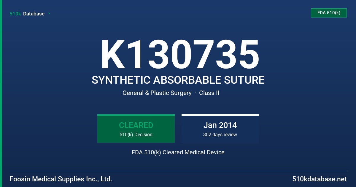 K130735 SYNTHETIC ABSORBABLE SUTURE FDA 510(k) Cleared Medical Device