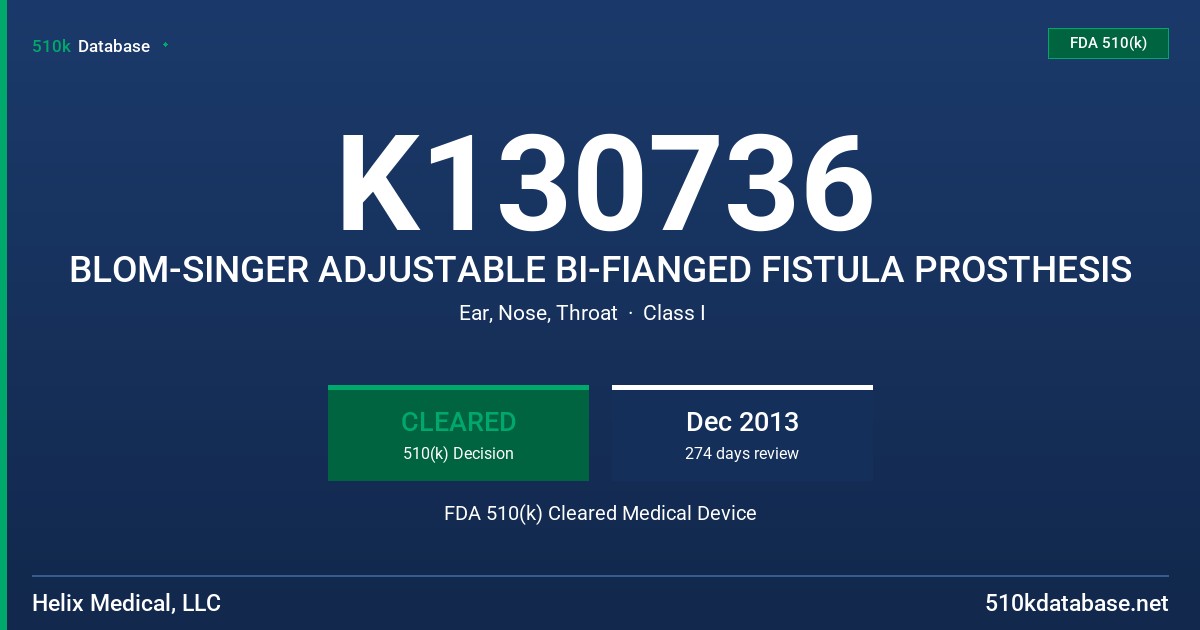 K130736 BLOM-SINGER ADJUSTABLE BI-FIANGED FISTULA PROSTHESIS FDA 510(k) Cleared Medical Device