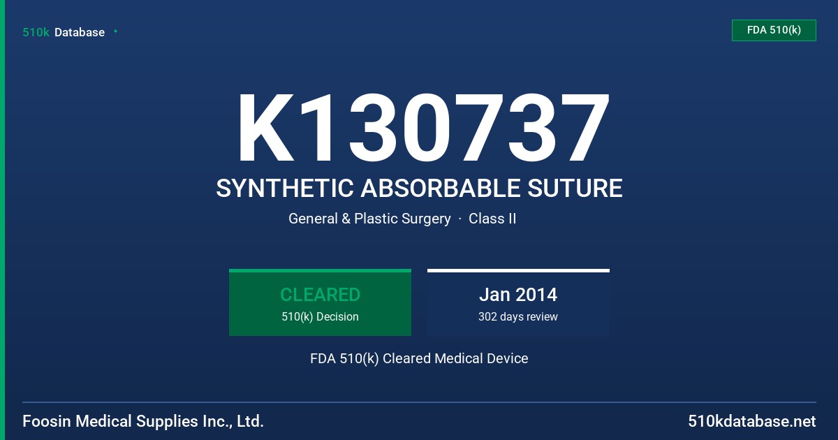 K130737 SYNTHETIC ABSORBABLE SUTURE FDA 510(k) Cleared Medical Device