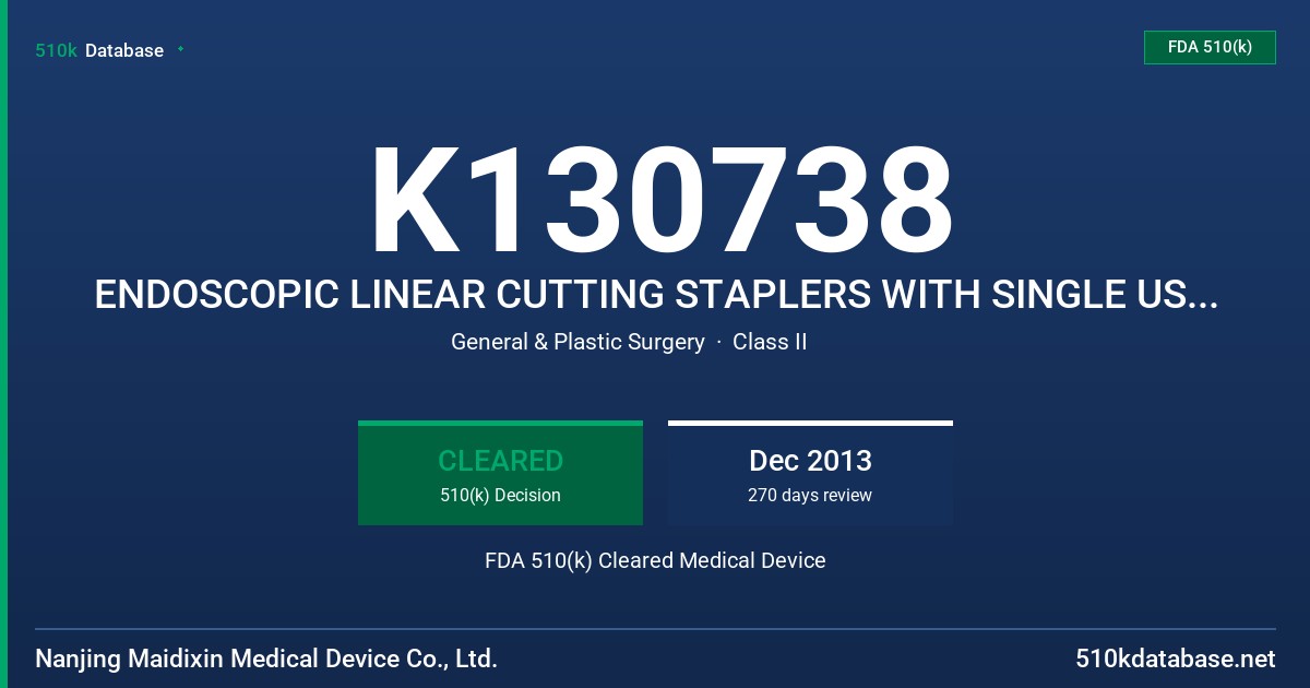 K130738 ENDOSCOPIC LINEAR CUTTING STAPLERS WITH SINGLE USE LOADING UNITS FDA 510(k) Cleared Medical Device