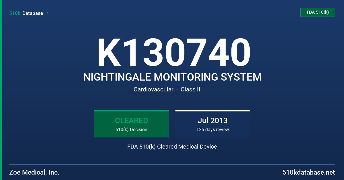 K130740 NIGHTINGALE MONITORING SYSTEM FDA 510(k) Cleared Medical Device