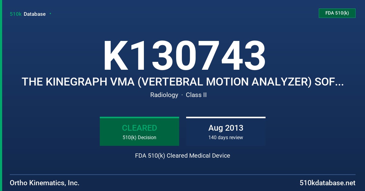 K130743 THE KINEGRAPH VMA (VERTEBRAL MOTION ANALYZER) SOFTWARE VERSION 2.0 FDA 510(k) Cleared Medical Device