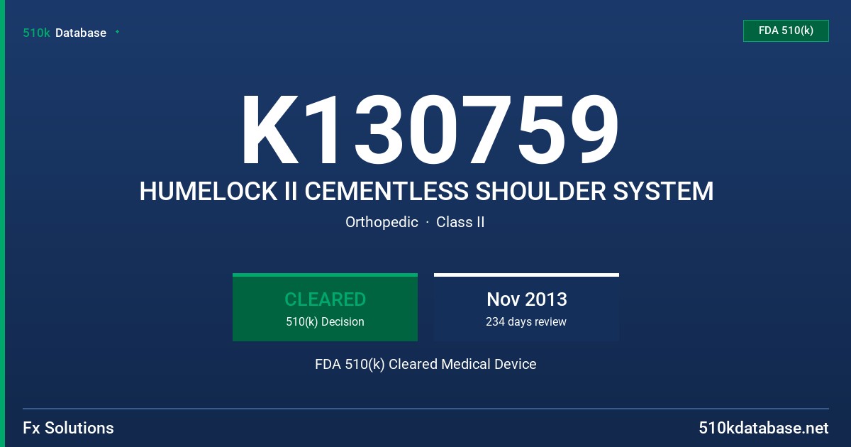 K130759 HUMELOCK II CEMENTLESS SHOULDER SYSTEM FDA 510(k) Cleared Medical Device