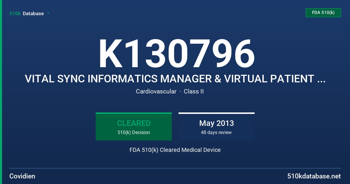 K130796 VITAL SYNC INFORMATICS MANAGER & VIRTUAL PATIENT MONITORING PLATFORM FDA 510(k) Cleared Medical Device