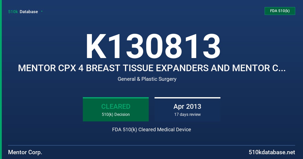 K130813 MENTOR CPX 4 BREAST TISSUE EXPANDERS AND MENTOR CPX 4 WITH SUTURE TABS BREAST TISSUE EXPANDERS FDA 510(k) Cleared Medical Device