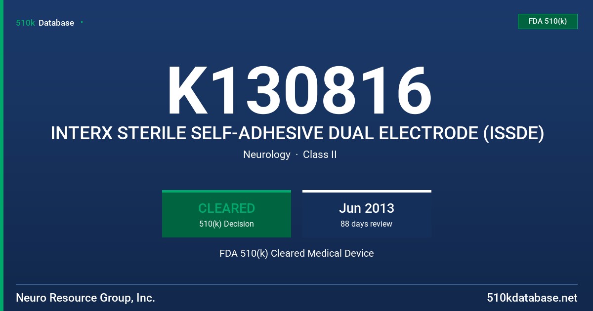 K130816 INTERX STERILE SELF-ADHESIVE DUAL ELECTRODE (ISSDE) FDA 510(k) Cleared Medical Device