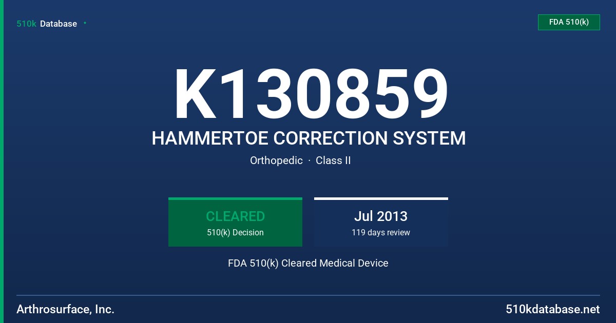 K130859 HAMMERTOE CORRECTION SYSTEM FDA 510(k) Cleared Medical Device