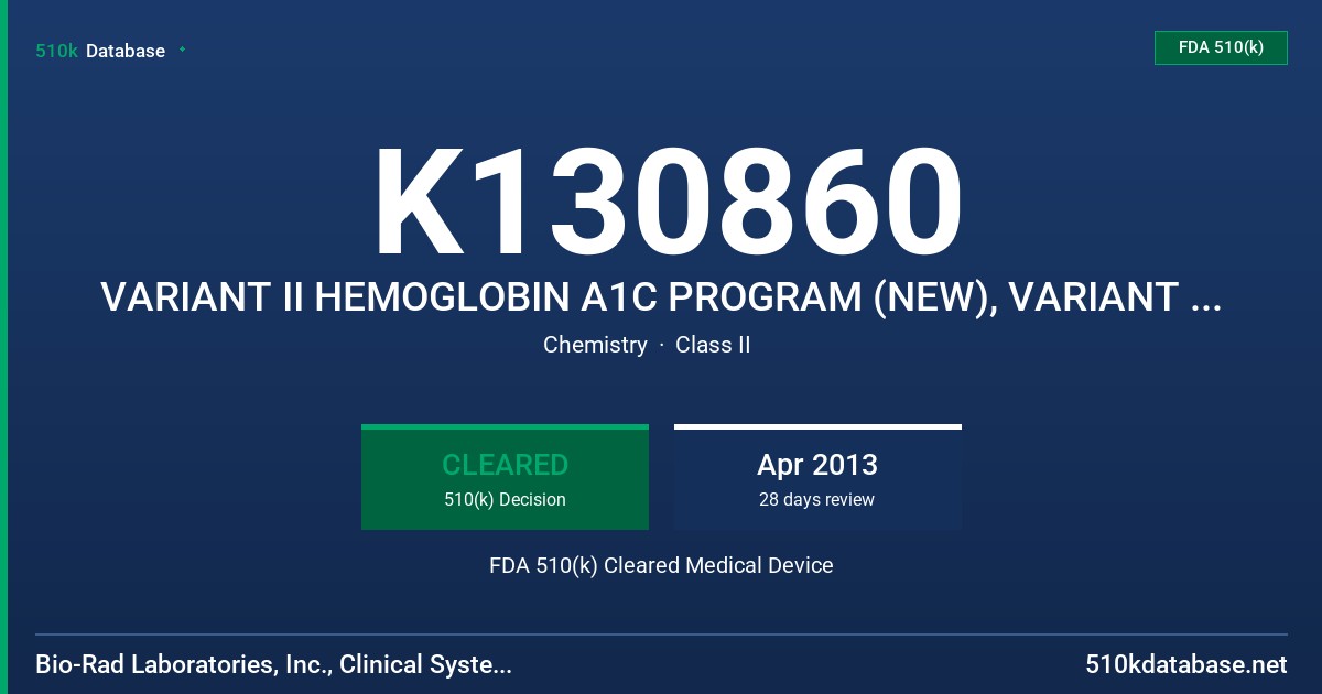 K130860 VARIANT II HEMOGLOBIN A1C PROGRAM (NEW), VARIANT II HEMOGLOBIN TESTING SYSTEM WITH CDM SOFTWARE, CDM SOFTWARE FDA 510(k) Cleared Medical Device