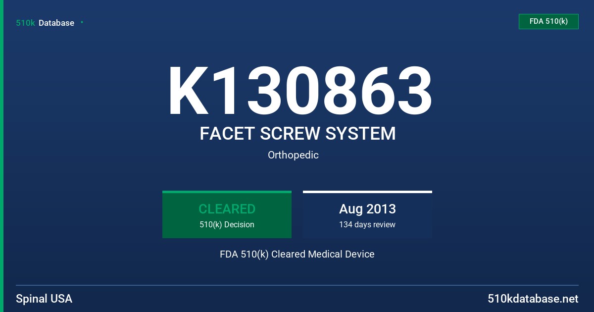 K130863 FACET SCREW SYSTEM FDA 510(k) Cleared Medical Device