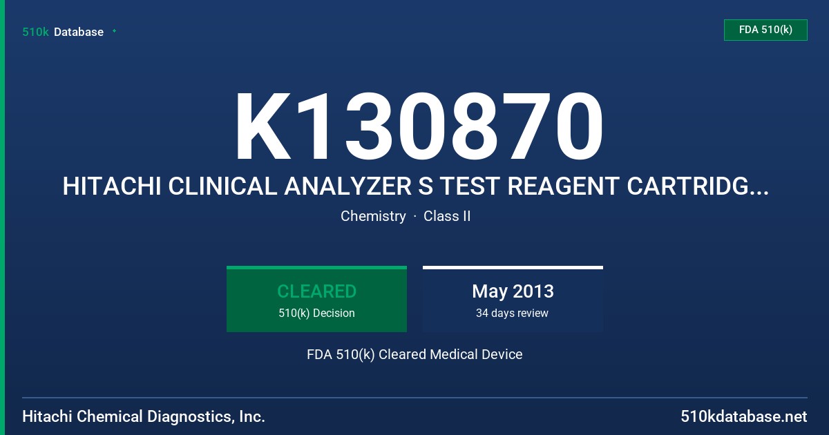 K130870 HITACHI CLINICAL ANALYZER S TEST REAGENT CARTRIDGE CALCIUM (CA) FDA 510(k) Cleared Medical Device