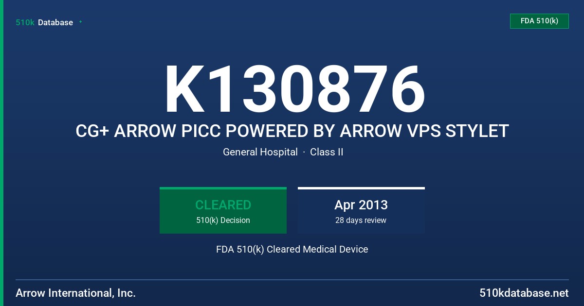 K130876 CG+ ARROW PICC POWERED BY ARROW VPS STYLET FDA 510(k) Cleared Medical Device