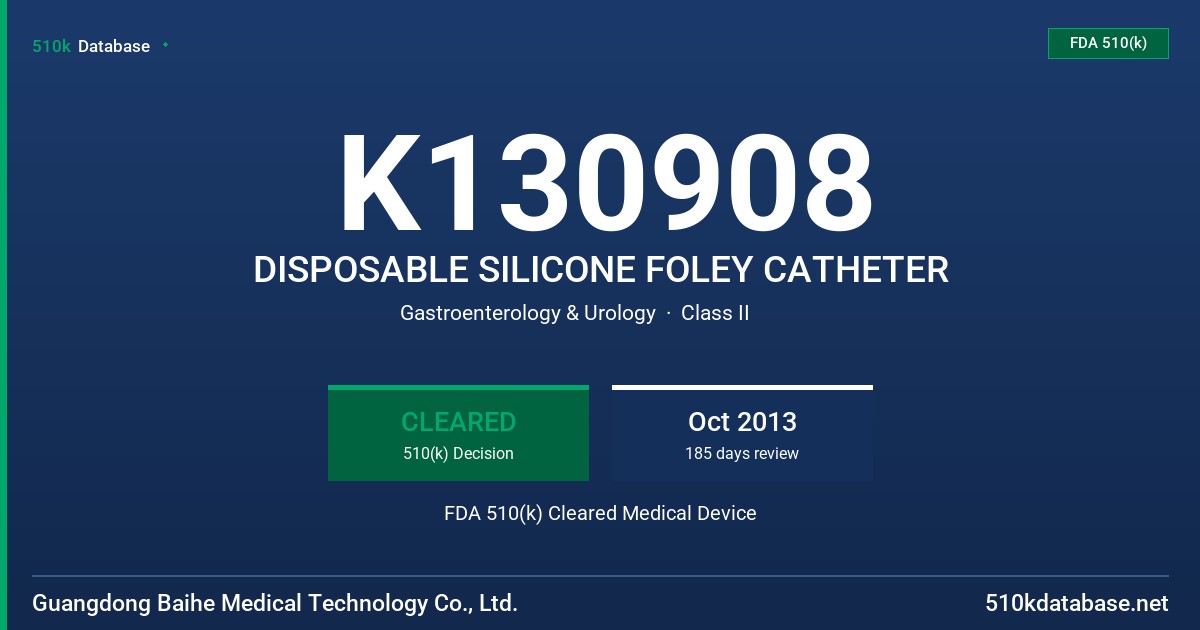 K130908 DISPOSABLE SILICONE FOLEY CATHETER FDA 510(k) Cleared Medical Device