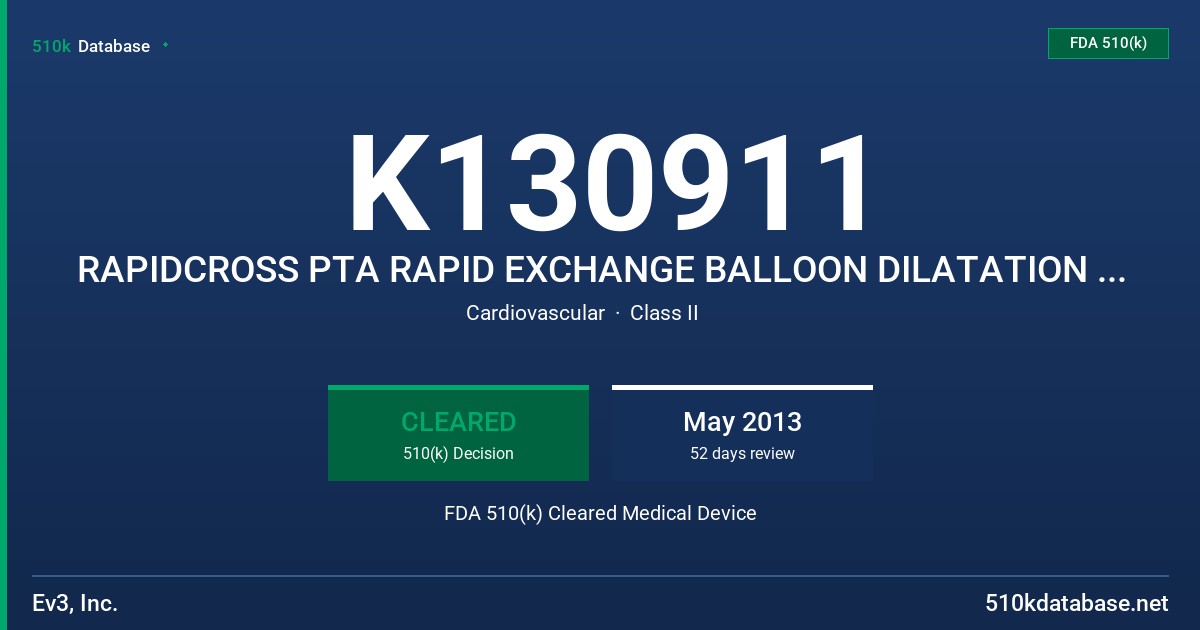K130911 RAPIDCROSS PTA RAPID EXCHANGE BALLOON DILATATION CATHETER FDA 510(k) Cleared Medical Device