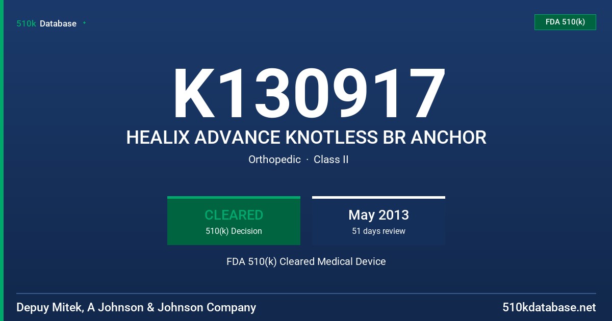 K130917 HEALIX ADVANCE KNOTLESS BR ANCHOR FDA 510(k) Cleared Medical Device