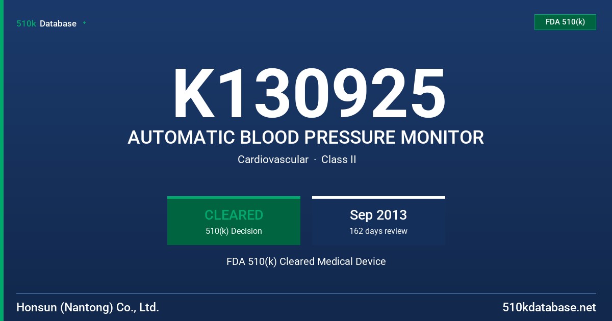 K130925 AUTOMATIC BLOOD PRESSURE MONITOR FDA 510(k) Cleared Medical Device