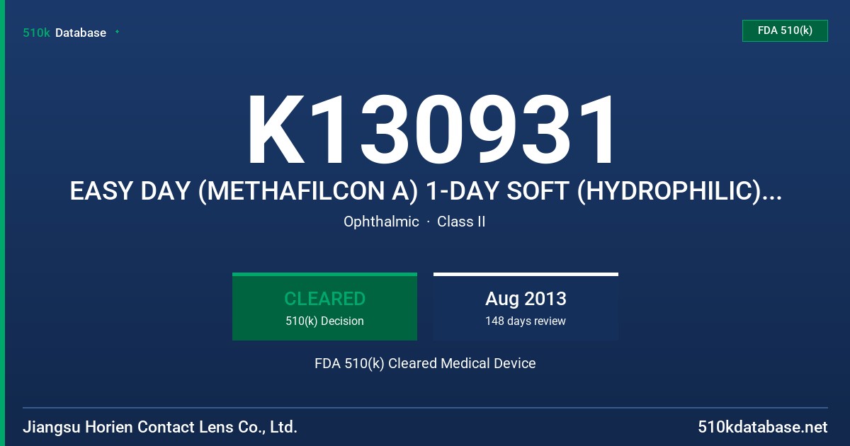 K130931 EASY DAY (METHAFILCON A) 1-DAY SOFT (HYDROPHILIC) CONTACT LENS FDA 510(k) Cleared Medical Device