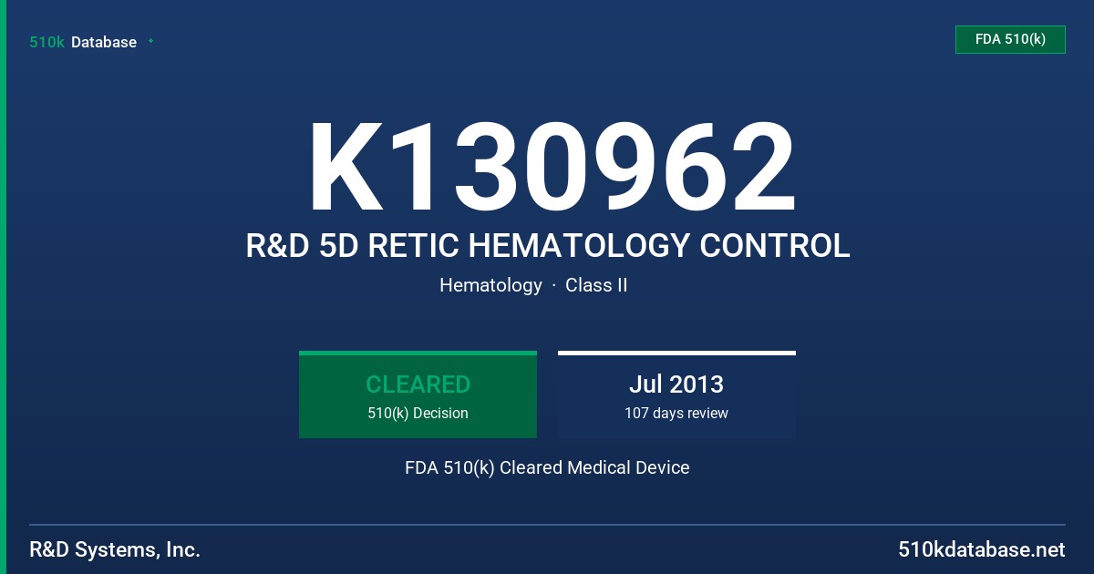 K130962 R&D 5D RETIC HEMATOLOGY CONTROL FDA 510(k) Cleared Medical Device