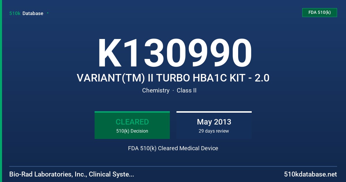 K130990 VARIANT(TM) II TURBO HBA1C KIT - 2.0 FDA 510(k) Cleared Medical Device