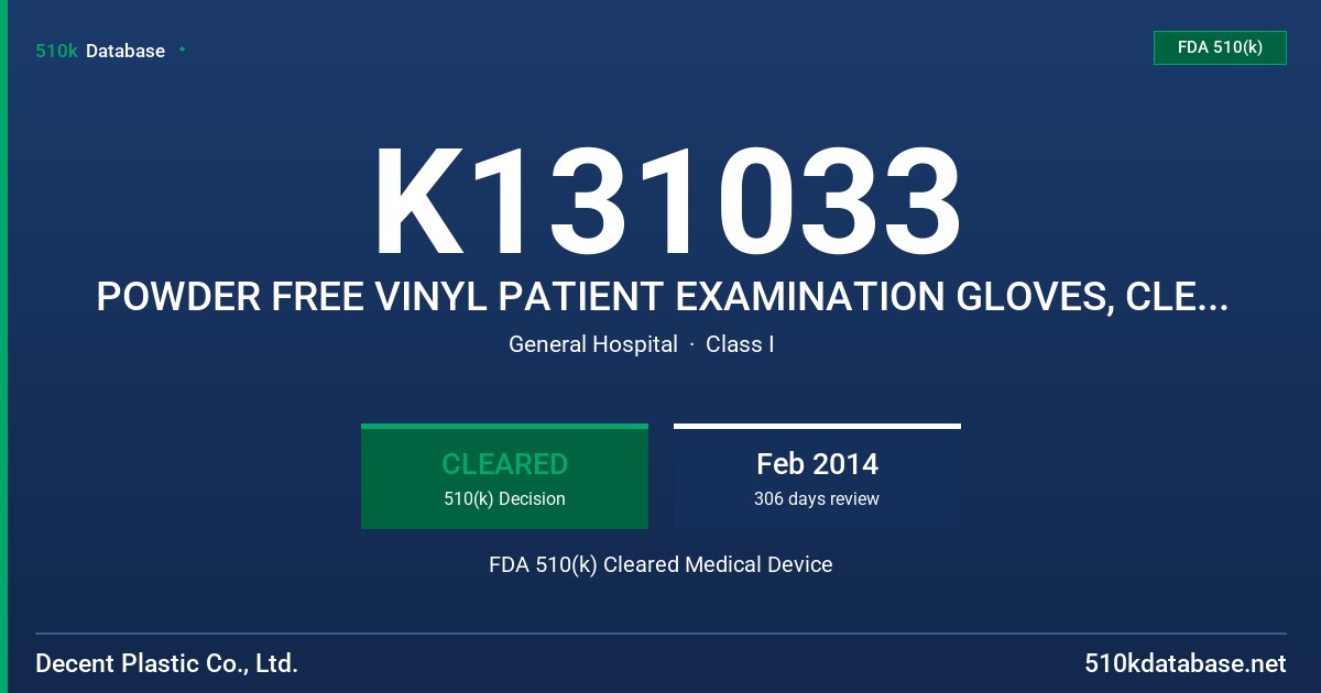 K131033 POWDER FREE VINYL PATIENT EXAMINATION GLOVES, CLEAR (NON-COLORED) FDA 510(k) Cleared Medical Device