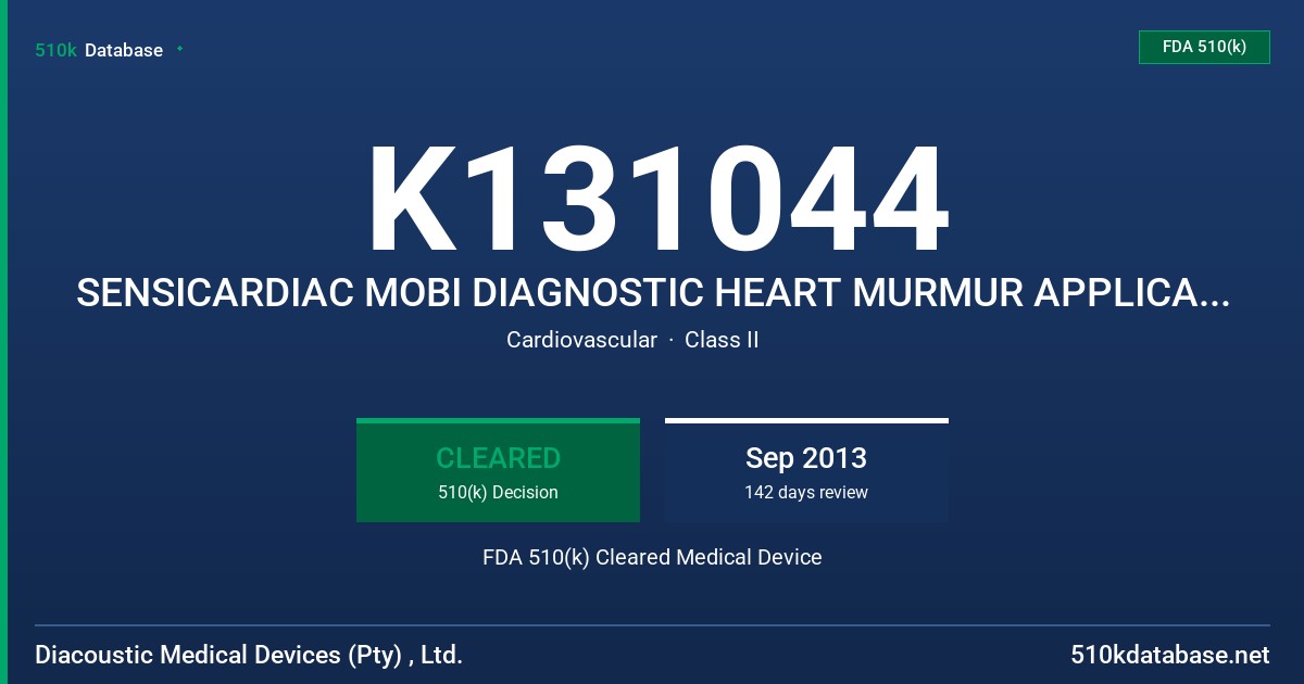 K131044 SENSICARDIAC MOBI DIAGNOSTIC HEART MURMUR APPLICATION FDA 510(k) Cleared Medical Device